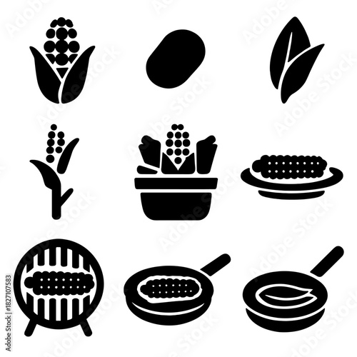 Corn icon set featuring grill, cooking, and harvest silhouettes