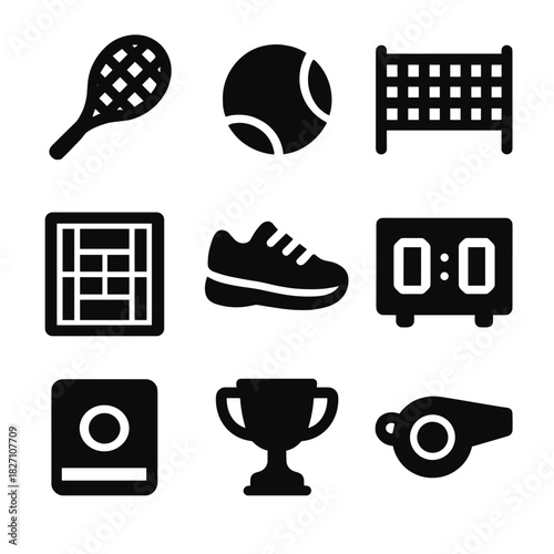 Tennis equipment and awards icons set for sports enthusiasts