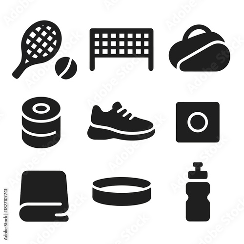 Sports and fitness icons: tennis, yoga, water bottle, and more