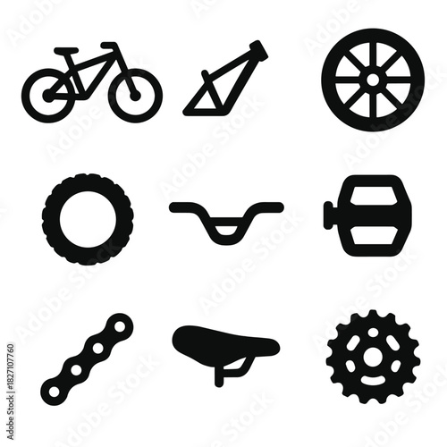 Bicycle icons set with bike parts illustrations on gray background