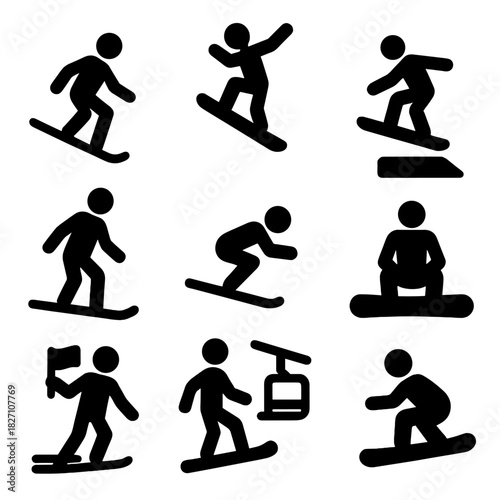 Black silhouette icons of snowboarding and skiing activities in motion