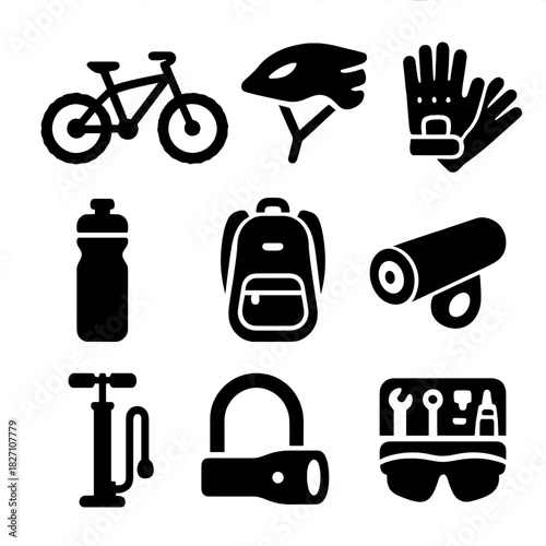 Bicycle gear icons set featuring helmet, gloves, lock, tools, backpack, bottle