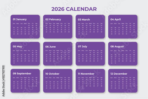 Modern purple 2026 yearly calendar template with rounded card layout, clean typography, minimal grid design, and stylish layout for office, business, and print use.
