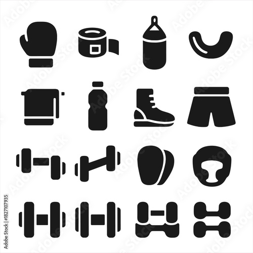 Essential boxing equipment icons: gloves, bag, dumbbells, and more in black and white
