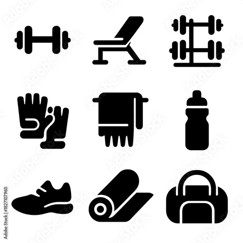 Gym equipment icons set: dumbbell, bench, towel, shoes, gloves, bottle, yoga mat