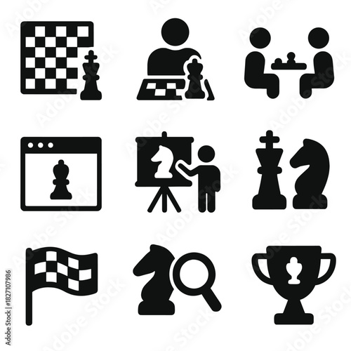 Minimalistic chess icons set featuring pieces, board, and trophy