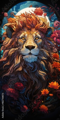 A vibrant lion with a flowing mane, surrounded by colorful flowers, creates a majestic and enchanting atmosphere.