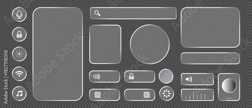 Transparent Liquid Glass UI Elements Pack with Glossy Buttons and Interface Panels Vector
