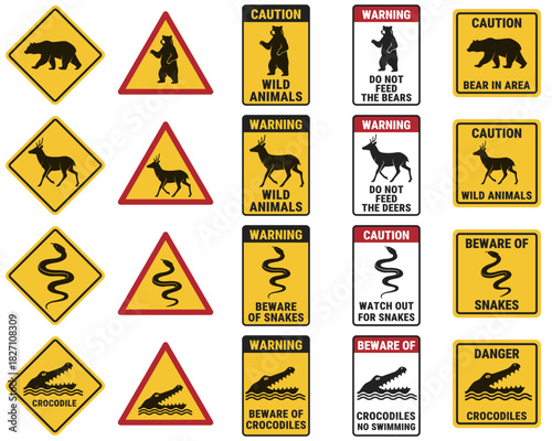 Warning sign wild animals. Set of  Yellow triangular, square, and rectangular road signs featuring a bear, deer, snake, and crocodile.  Vector yellow signs marking presence of wild animals.