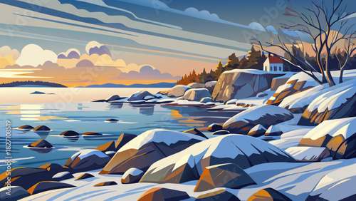 Very beautiful winter coastal scene featuring snow-covered rocks lining the shoreline of Narragansett Bay, calm icy waters, soft diffused light, and a peaceful New England seaside atmosphere.