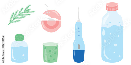 Travel dental kit, toothbrush and rinse. Portable oral care set illustration. Compact dental hygiene kit, travel essentials