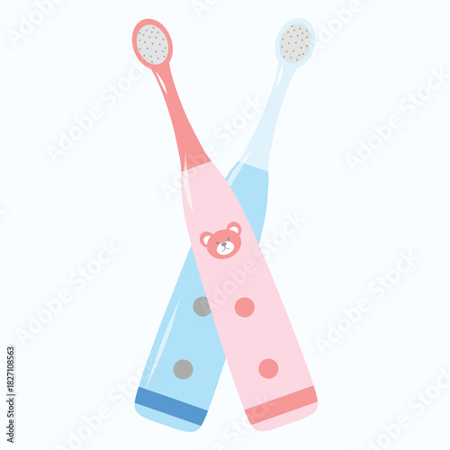 Two electric toothbrushes crossed, vector. Pair of rechargeable brushes, dental icons. Electric brush duo, bathroom accessory illustration