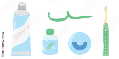 Dental care set, toothbrush, paste, floss. Oral hygiene kit illustration, mouthwash and tools. Toothpaste, floss and brush, dental essentials vector