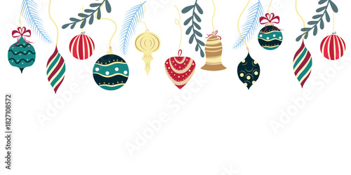 Vintage Christmas ornament border, hanging toy baubles. Retro holiday decorations border illustration. Classic ornament garland, festive frame vector