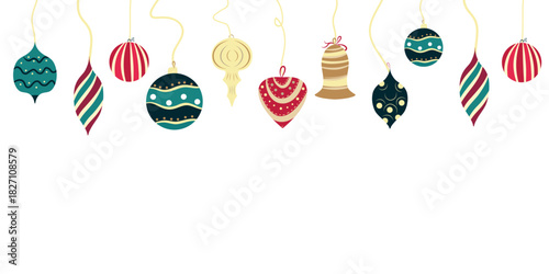 Holiday vintage ornament row, hanging baubles illustration. Festive ornament border, Christmas fringe. Classic hanging decorations