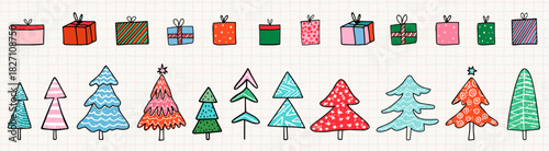 Hand drawn vector Christmas trees and gift boxes, doodle holiday present, graphic elements for package design