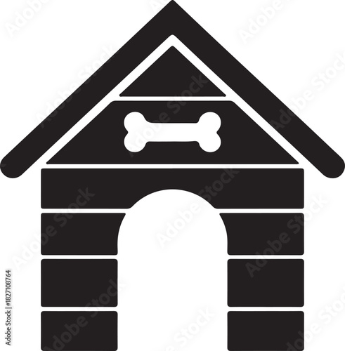 Dog house and bone icon, black silhouette vector illustration, representing pet comfort, animal home, and canine shelter design.
