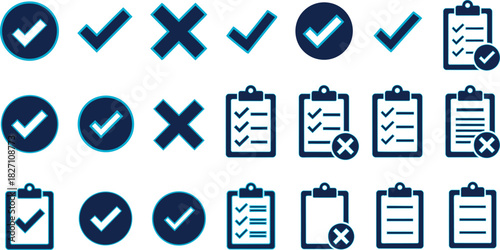 A graphic collection of dark blue and teal checkmark icons, cross marks, and clipboard icons representing approved and rejected tasks on white background
