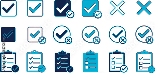 Collection of checkmark and cross icons with clipboard variations for approval and rejection isolated on transparent background, Vector