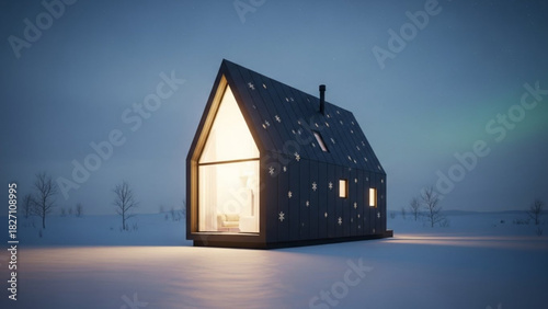 Modern A-Frame Cabin Under Northern Lights in Snowy Landscape