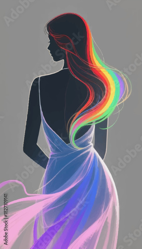A bright stylized illustration of a silhouette of a woman with rainbow hair in a light silk dress. Vector graphics. EPS.