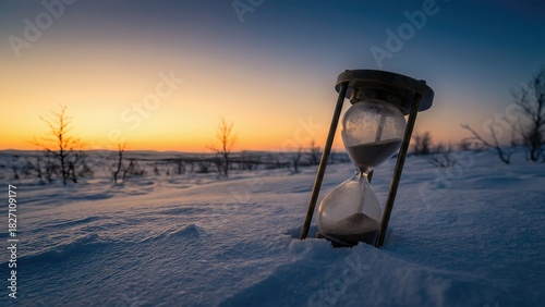 Hourglass Buried Snow Sunset Light Time Metaphor