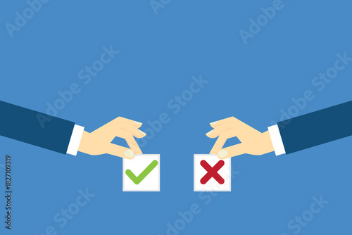 Human hands holding yes and no papers as pros and cons . Comparing positive advantages or negative disadvantages