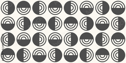 Geometric circle tiling retro pattern. Half circle geometric print modern. Bold monochrome geometric wallpaper. Modern abstract round shapes seamless background