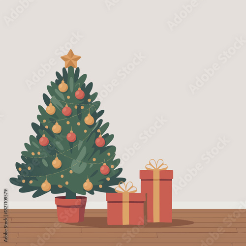 Festive Christmas tree adorned with ornaments and a star, accompanied by beautifully wrapped gift boxes, set against a minimalist background on a wooden floor