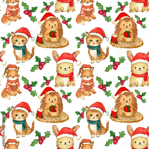 pattern con graziosi animali natalizi, illustrazione ad acquerello