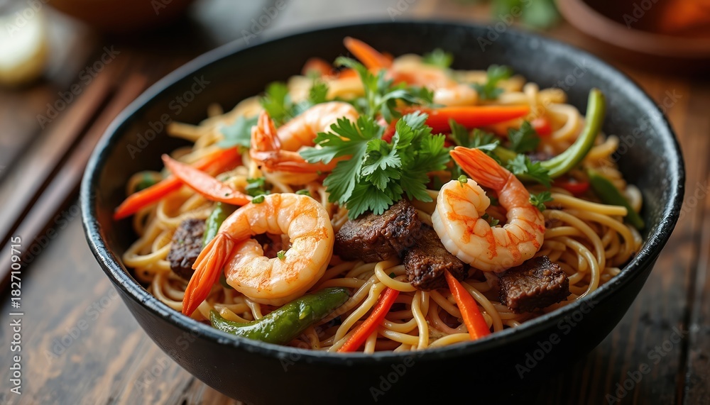 Fototapeta premium Bowl with tasty shrimp beef noodles and fresh vegetables. Asian meal includes carrots green peppers and herbs. Delicious food concept dinner at home. Traditional culinary.