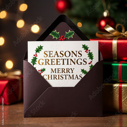Christmas card decorated with holly and gold text inside a dark envelope against a backdrop of sparkling lights and wrapped gifts with room for text