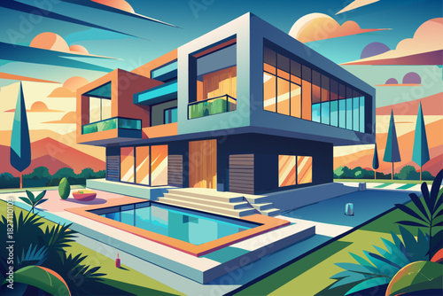 Modern cube house with stylish geometric architecture with luxurious swimming pool, contemporary minimalist design, and stylish residential property that showcases modern lifestyle aesthetics.