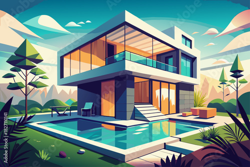 Modern cube house with stylish geometric architecture with luxurious swimming pool, contemporary minimalist design, and stylish residential property that showcases modern lifestyle aesthetics.