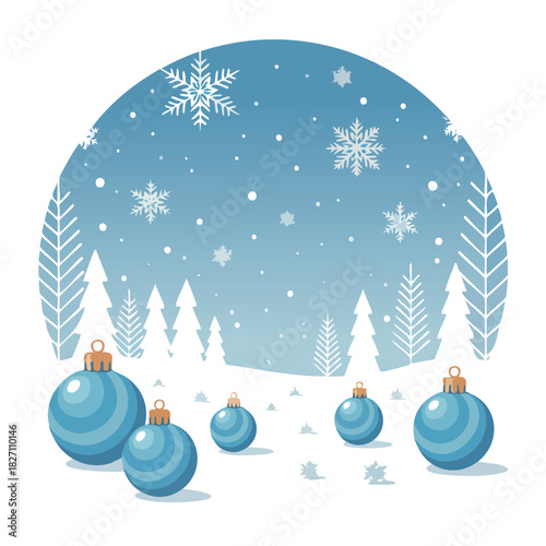 Christmas Scene with Ornament Balls in a Snowy Winter Wonderland Background