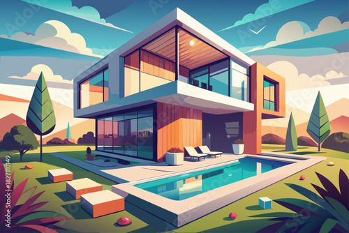 Modern cube house with stylish geometric architecture with luxurious swimming pool, contemporary minimalist design, and stylish residential property that showcases modern lifestyle aesthetics.