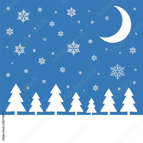 Winter Night Serenity A Blue Backdrop of Falling Snow, Crescent Moon, and Christmas Trees