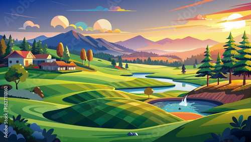 Very beautiful panoramic golf course scene featuring the 18th tee at Melody Hill Golf & Country Club, with lush green fairways, sunlit meadows, gently rolling hills, and a serene New England morning a