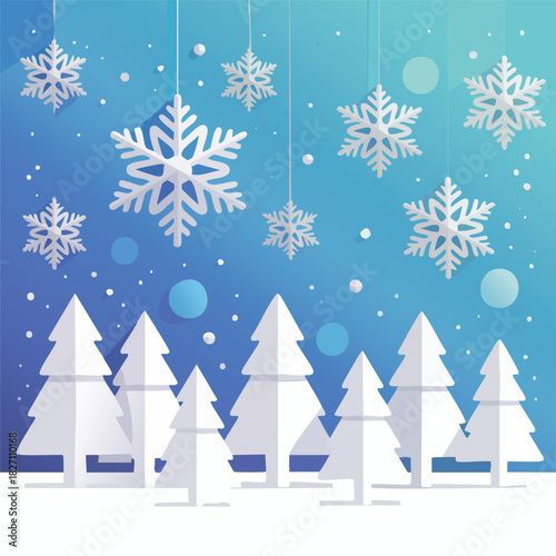 Minimalist winter wonderland illustration with stylized white paper-cut trees and delicate snowflakes on a serene blue gradient background, perfect for holiday designs