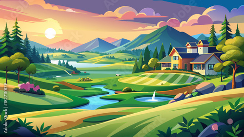 Very beautiful panoramic golf course scene featuring the 18th tee at Melody Hill Golf & Country Club, with lush green fairways, sunlit meadows, gently rolling hills, and a serene New England morning a