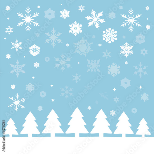 Serene light blue winter scene with delicate white snowflakes gently falling over a peaceful snow-covered landscape adorned with an array of stylized evergreen trees