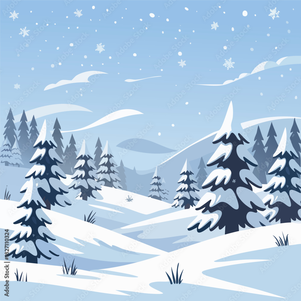 Fototapeta premium A stylized vector illustration of a winter landscape with snowy blue hills, pine trees, and gentle falling snow