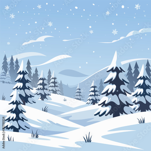A stylized vector illustration of a winter landscape with snowy blue hills, pine trees, and gentle falling snow