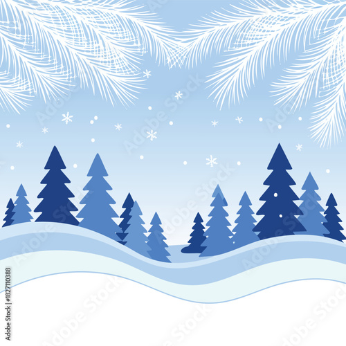 Peaceful winter wonderland with rolling snowdrifts, frosted pine trees, and a flurry of diverse snowflakes against a cool blue backdrop