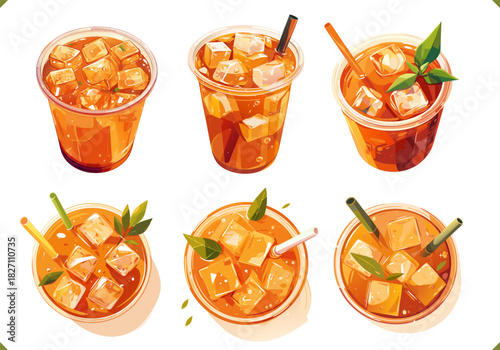 Set of iced Thai tea with ice cubes in plastic cup. Vector illustration of summer beverage on white background