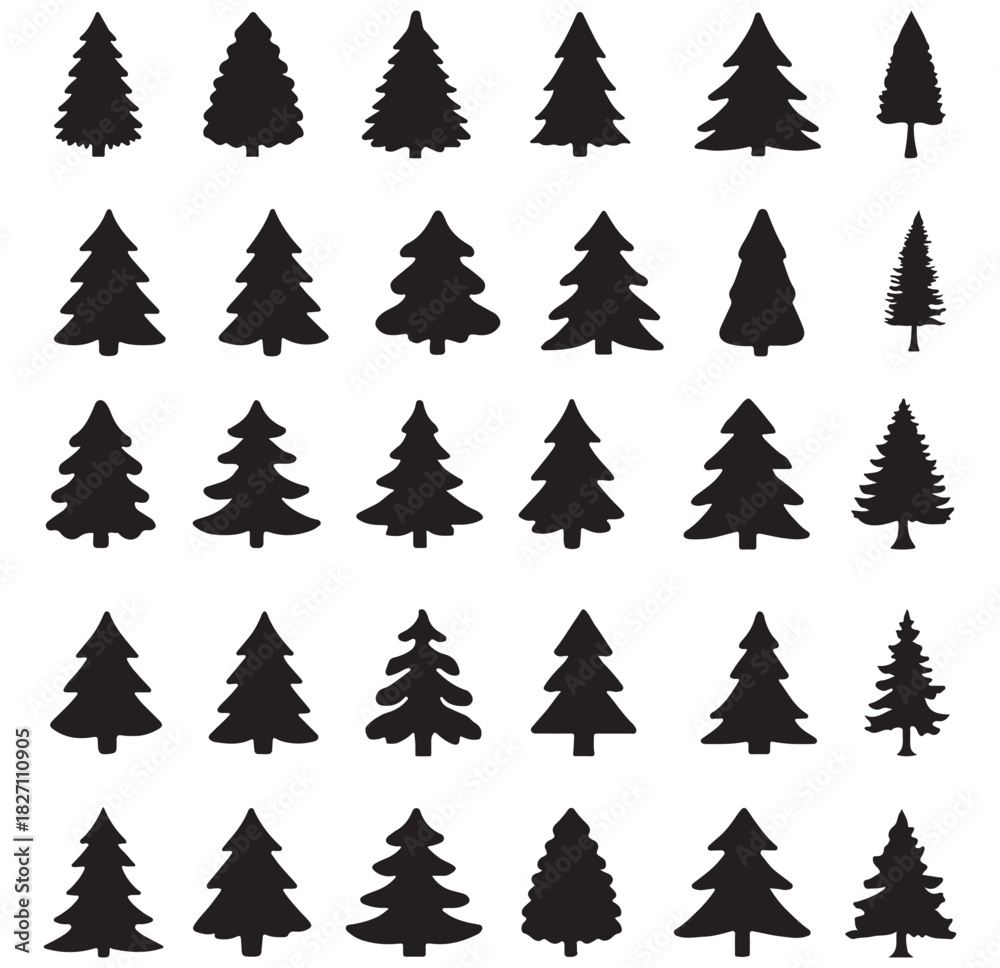 Obraz premium Pine tree silhouettes icon set. Christmas tree vector icon set Collection of green winter holiday pine and fir tree silhouettes. Various Christmas tree silhouette. EPS 10