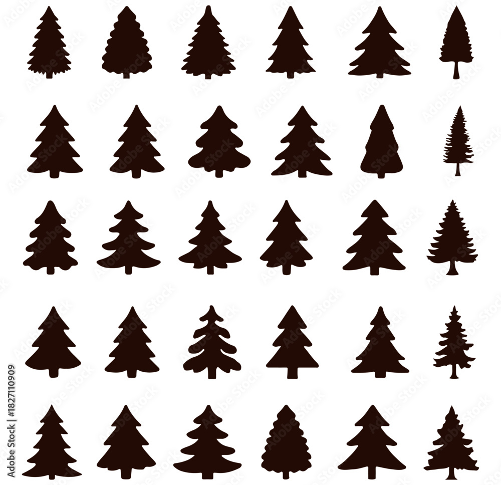 Obraz premium Pine tree silhouettes icon set. Christmas tree vector icon set Collection of green winter holiday pine and fir tree silhouettes. Various Christmas tree silhouette. EPS 10