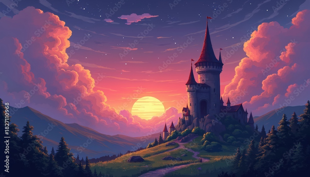 Fototapeta premium Fantasy castle on hill at vibrant sunset. Castle tower with red roof stands on rocky hill surrounded by trees, path. Purple clouds, stars in twilight sky. Peaceful landscape with scenic view. Digital