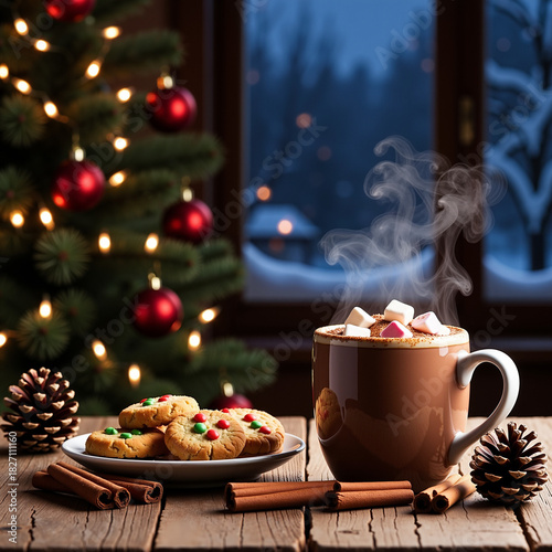 Steaming hot chocolate with marshmallows and cookies nestled next to a Christmas tree against a snowy winter window