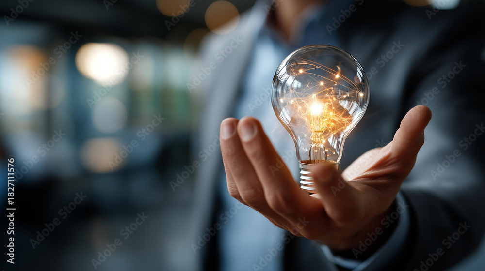 Fototapeta premium Innovation concept presented by consultant in management faceless professional defocused presentation background strategic thinking scene business advancement moment creative